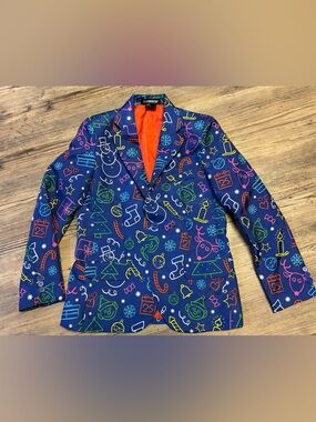 Kids Festive Print Blazer - Royal blue with Multicolor Holiday Motifs